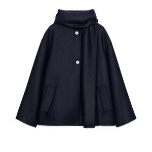 Zara Navy Blue Wool Blend Short Coat with Scarf🧣
